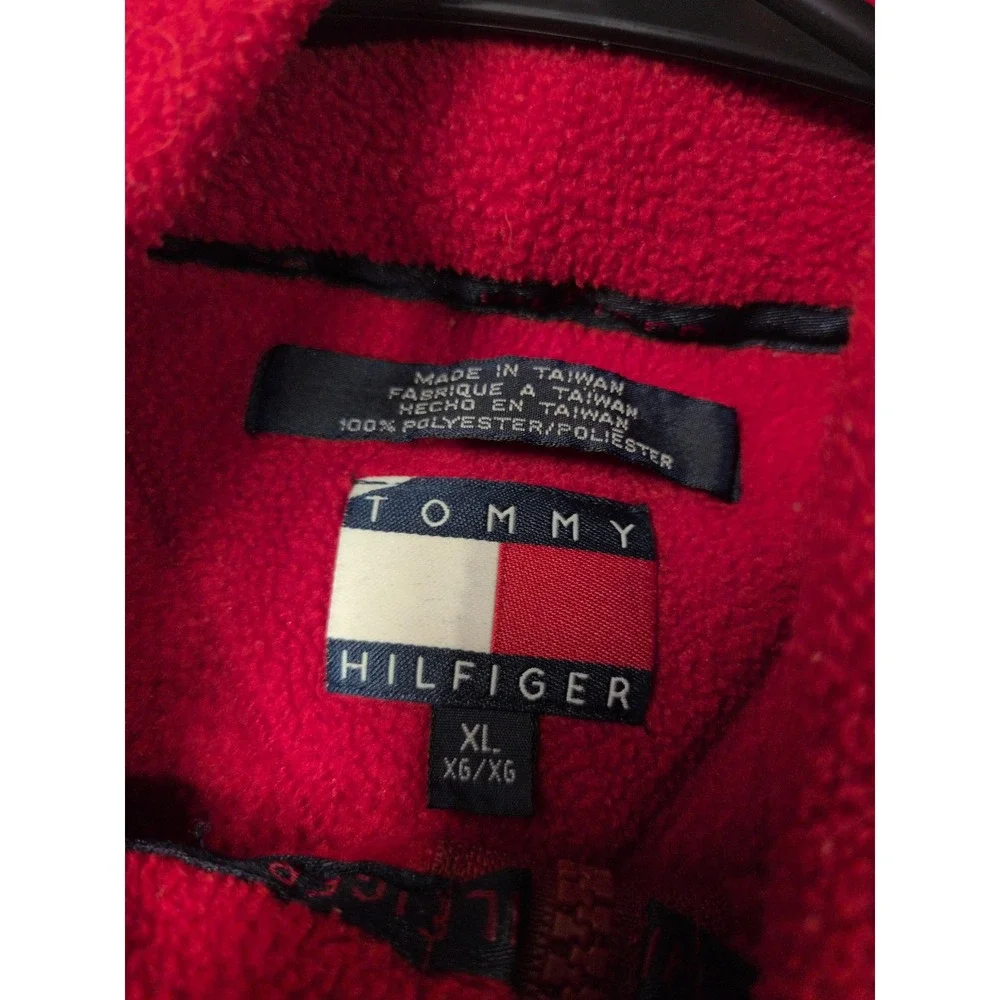 Tommy Hilfiger Mens XL Red Quarter Zip Fleece Pullover Navy White Stripe Vintage